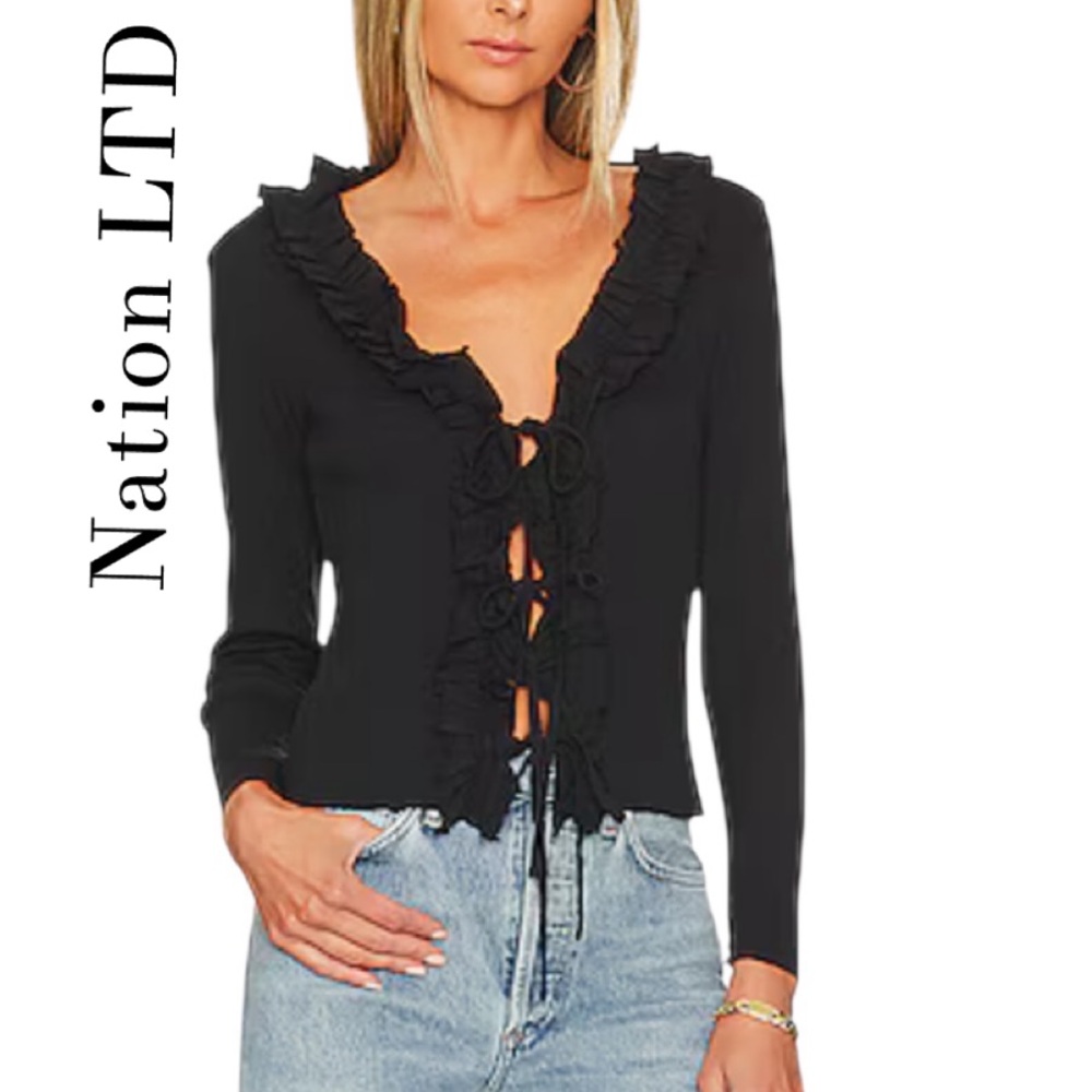 Nation LTD Fanny Black Ruffle Tie-Front Top - Size Medium